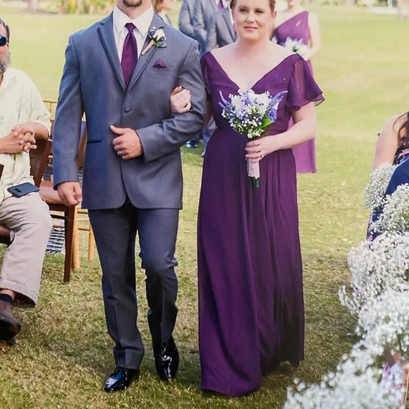 David’s Bridal Flutter Sleeve Chiffon Dress Plum - Picture 2 of 14